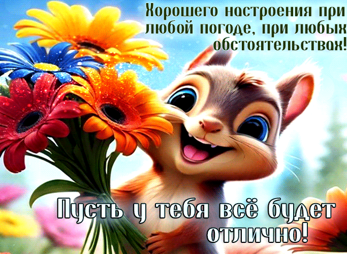 Прикольная гиф открытка с белкой с цветами и надписью "Хорошего настроения при любой погоде, при любых обстоятельствах! Пусть у тебя всё будет отлично!".