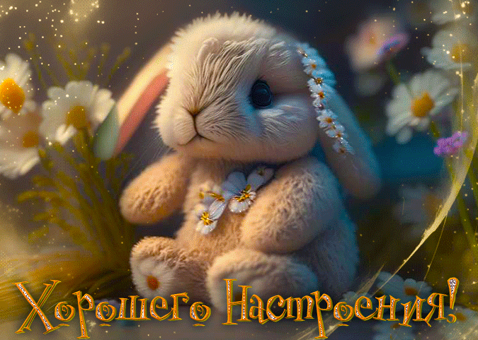 Красивая добрая гифка с зайкой в цветах и текстом "Хорошего настроения!".