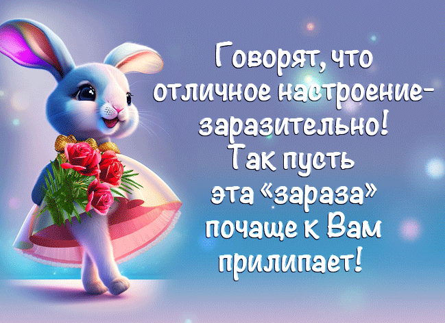 Необычная блестящая гиф открытка с зайкой для поднятия настроения женщине.