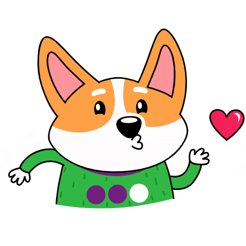 Gif картинка пёсик "Коржик" шлёт воздушный поцелуй на прозрачном фоне.