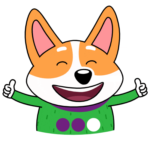 Гиф стикер пёсик показывает большие пальцы, класс.