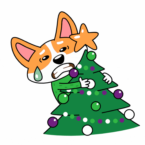 Смешной анимированный стикер "коржик" воюет с ёлкой.