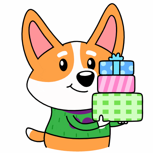 Весёлая gif картинка собачка дарит подарки на прозрачном фоне.
