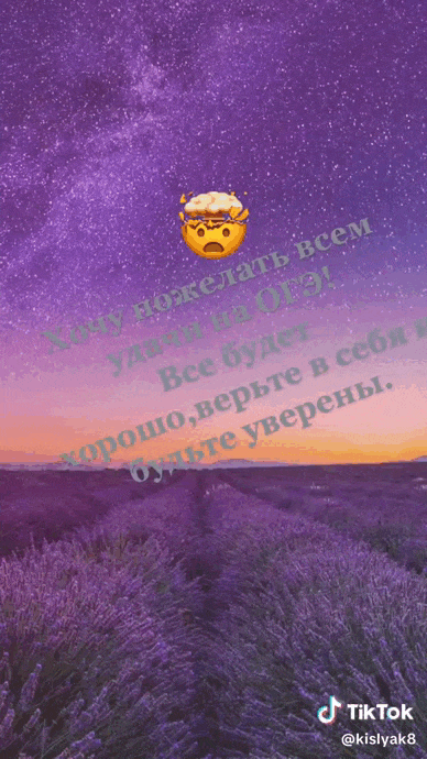 Красивая гиф открытка с лавандовым полем и ночным небом "Хочу пожелать всем удачи на ОГЭ! Всё будет хорошо, верьте в себя и будьте уверены!".