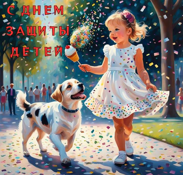 Нарисованная арт открытка девочка с мороженным и собакой к празднику 1 Июня - день защиты детей.