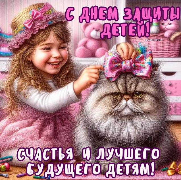 Смешные открытки для ватсапа с днём защиты детей внучкам с грустным котом.