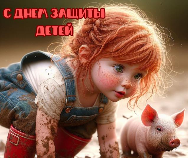 Смешная картинка с рыжей девочкой и поросёнком с надписью "С днём защиты детей".