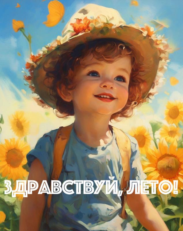 Арт открытка с ребёнком в поле подсолнухов и надписью "Здравствуй, Лето!".
