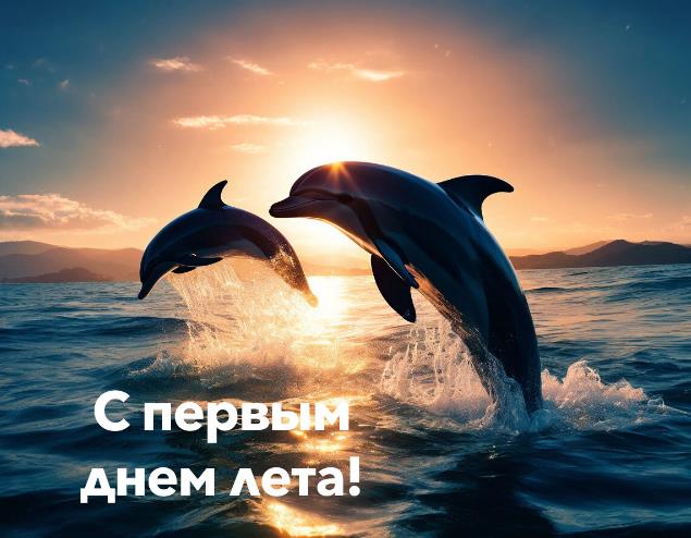 Красивая солнечная открытка с дельфинами в море и надписью "С первым днём Лета!".