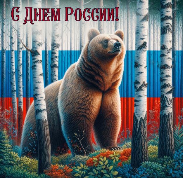 Креативная открытка с русским медведем среди берёз на фоне флага РФ ко дню России. Креативная открытка с русским медведем среди берёз на фоне флага РФ ко дню России.
