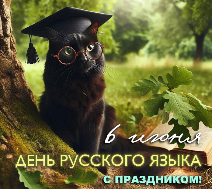 Смешная картинка с чёрным (учёным) котом на 6 Июня - праздник Русского языка.