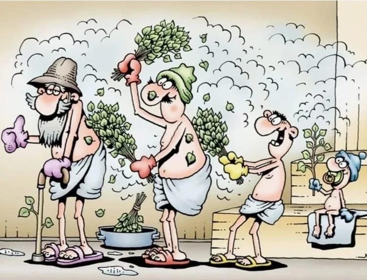 Смешная карикатура вся семья в бане. Смешная карикатура вся семья в бане.