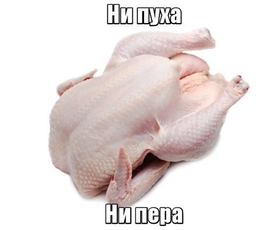 Открытка с приколом, голая курица на прозрачном фоне и надпись "Ни пуха, ни пера!".