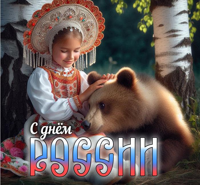 Красивая открытка с девочкой в славянском наряде с медвежонком на коленях ко дню России. Красивая открытка с девочкой в славянском наряде с медвежонком на коленях ко дню России.