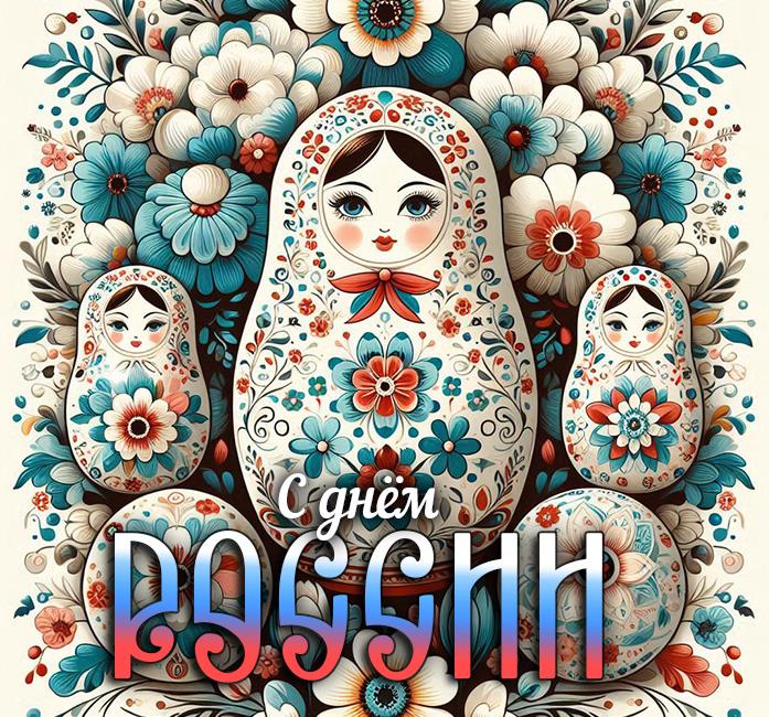 Тематическая открытка с матрёшками в цветах на праздник день России 2024. Тематическая открытка с матрёшками в цветах на праздник день России 2024.
