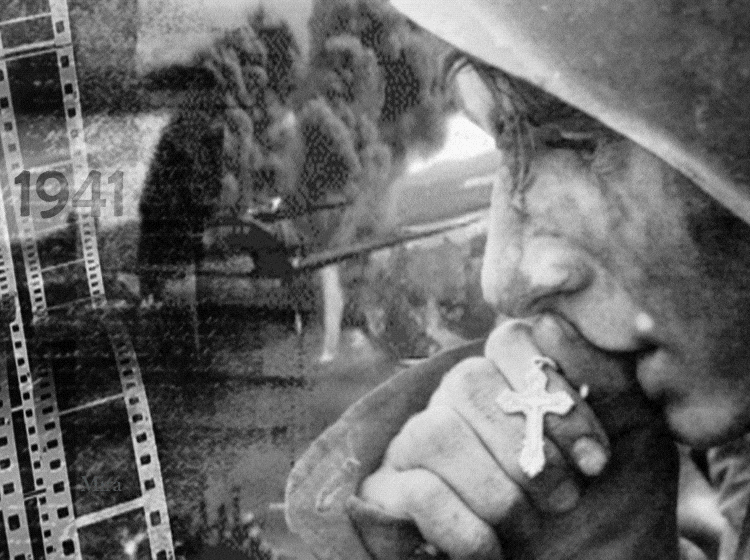 Советская чёрно белая гиф открытка к 22 Июня с фрагментами войны.