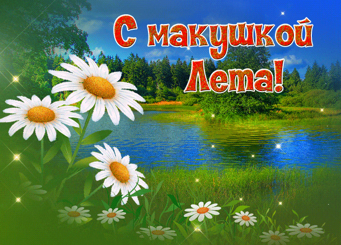 Мерцающая gif картинка с летней природой, ромашками и текстом "С макушкой лета!".
