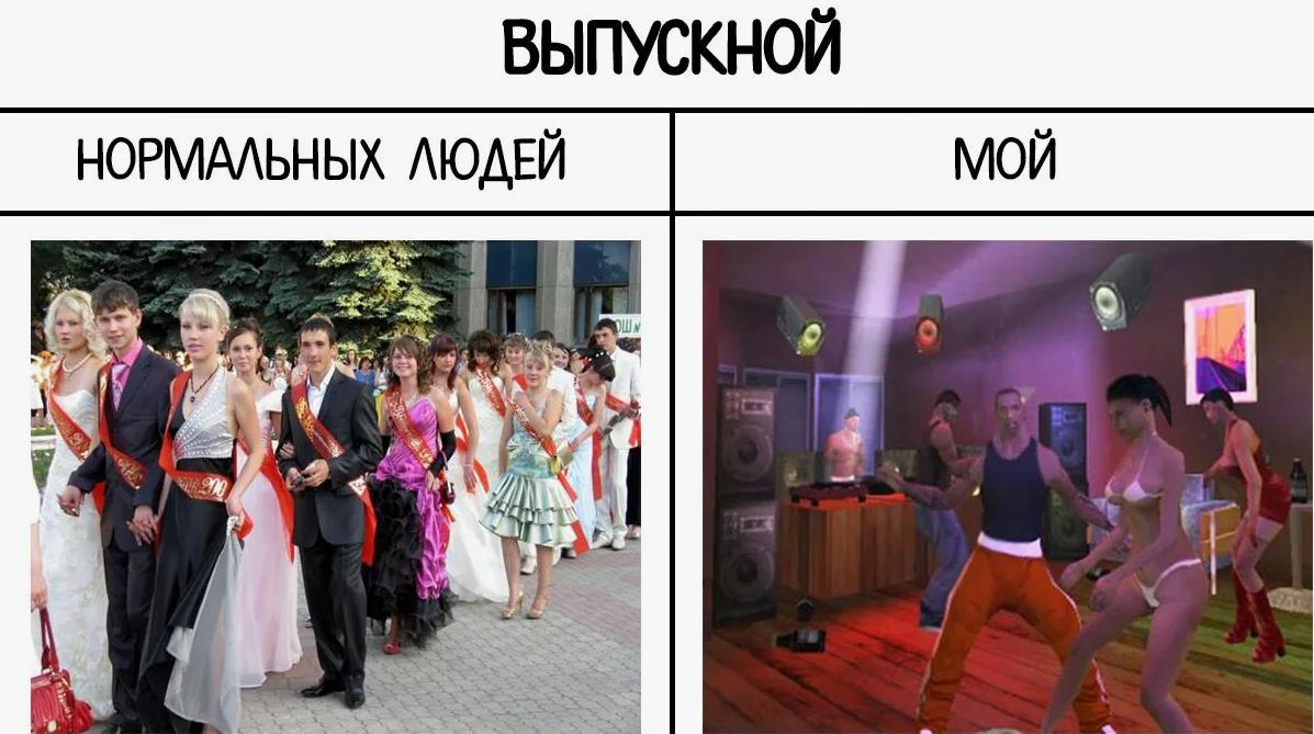 Мем выпускной нормальных людей и мой.