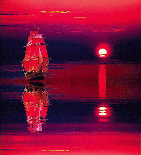 Красивая анимированная картинка с кораблём "Алые Паруса" на фоне багрового заката. Красивая анимированная картинка с кораблём "Алые Паруса" на фоне багрового заката.