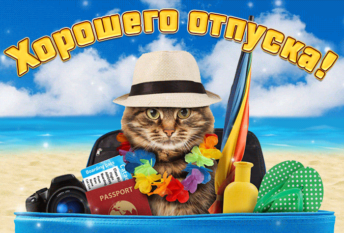 Новая мерцающая gif картинка с котом на отдыхе и надписью "Хорошего отпуска!". Новая мерцающая gif картинка с котом на отдыхе и надписью "Хорошего отпуска!".