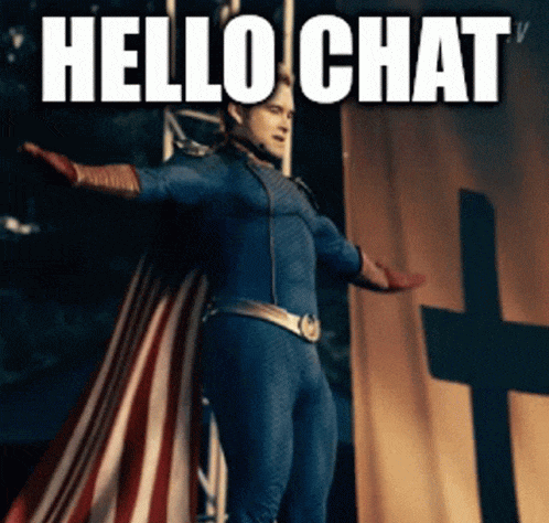 Анимация "Мем" с Хоумлендером для сайтов и форумов, с подписью "Hello chat" добро пожаловать в чат.