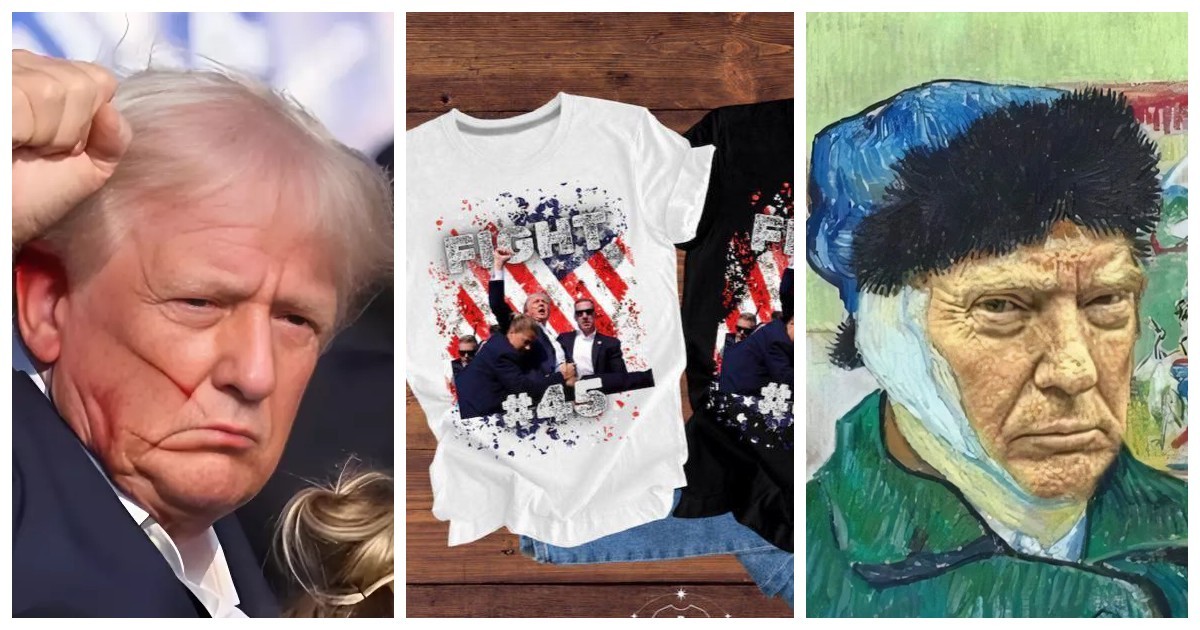 Коллаж из фото : "Трамп после покушения, футболки с надписью сражайтесь и Дональд на картине Ван Гога".