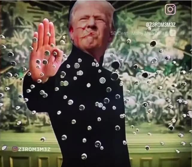 Ещё один мем, где Трамп силой воли останавливает пули, прямо как Нео в Матрице.