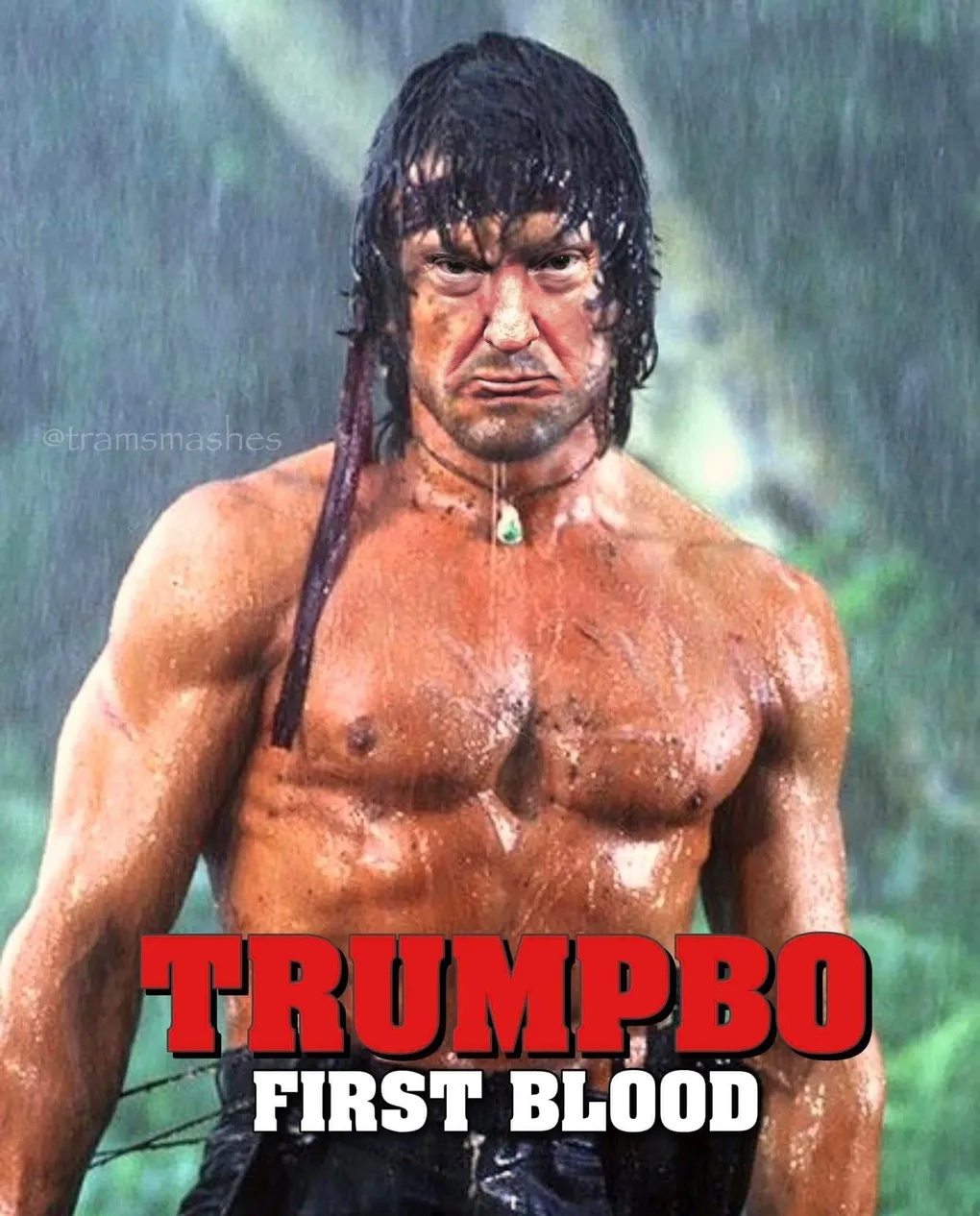 Киноафиша "Трамп - первая кровь" для тех кто не понял, пародия на знаменитый фильм "Рэмбо".