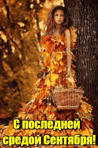 Мерцающая gif картинка с девочкой в платье из жёлтых осенних листьев для поздравления с последней середой в сентябре. Мерцающая gif картинка с девочкой в платье из жёлтых осенних листьев для поздравления с последней середой в сентябре.