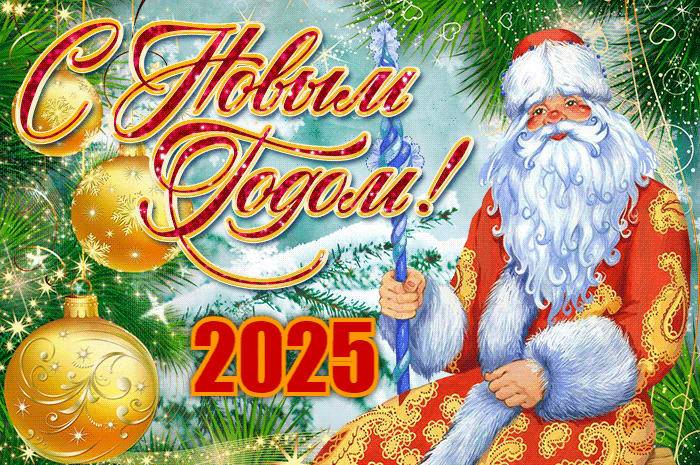 Гиф от Деда Мороза с текстом "С новым годом 2025!".