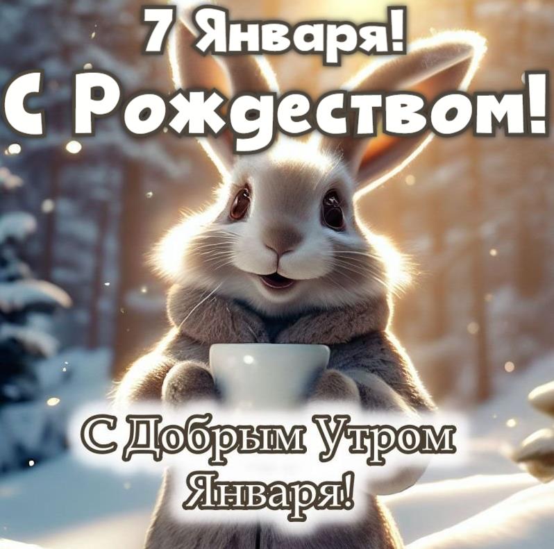 Смешная картинка с зайцем в зимнем лесу "7 Января! С рождеством! С добрым утром!". Смешная картинка с зайцем в зимнем лесу "7 Января! С рождеством! С добрым утром!".