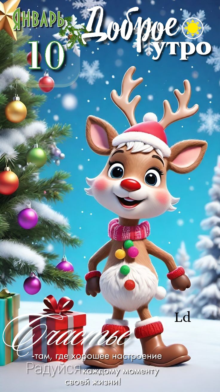 Прикольная открытка для детей в мультяшном стиле для пожелания счастья морозным утрмо 10-го января.