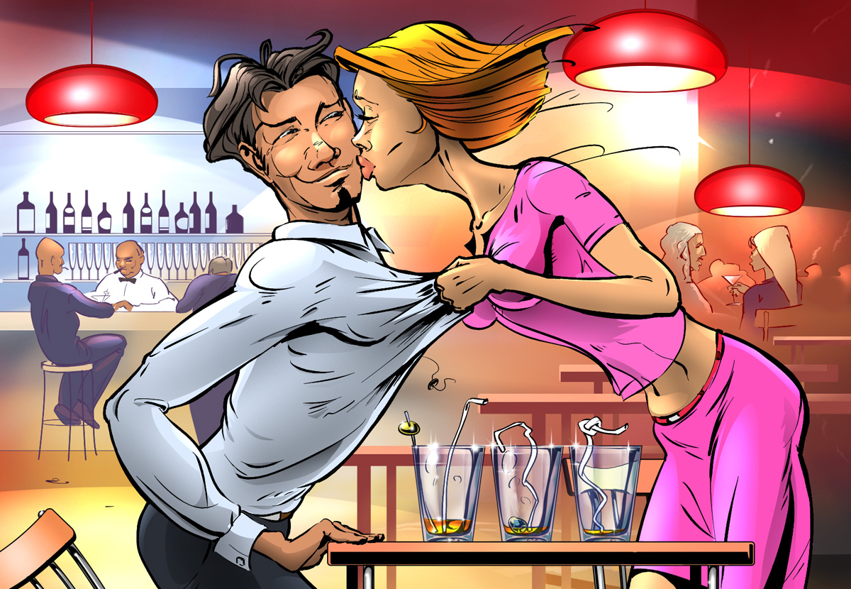 Арт картинка соблазн в баре, в стиле комикса. Арт картинка соблазн в баре, в стиле комикса.
