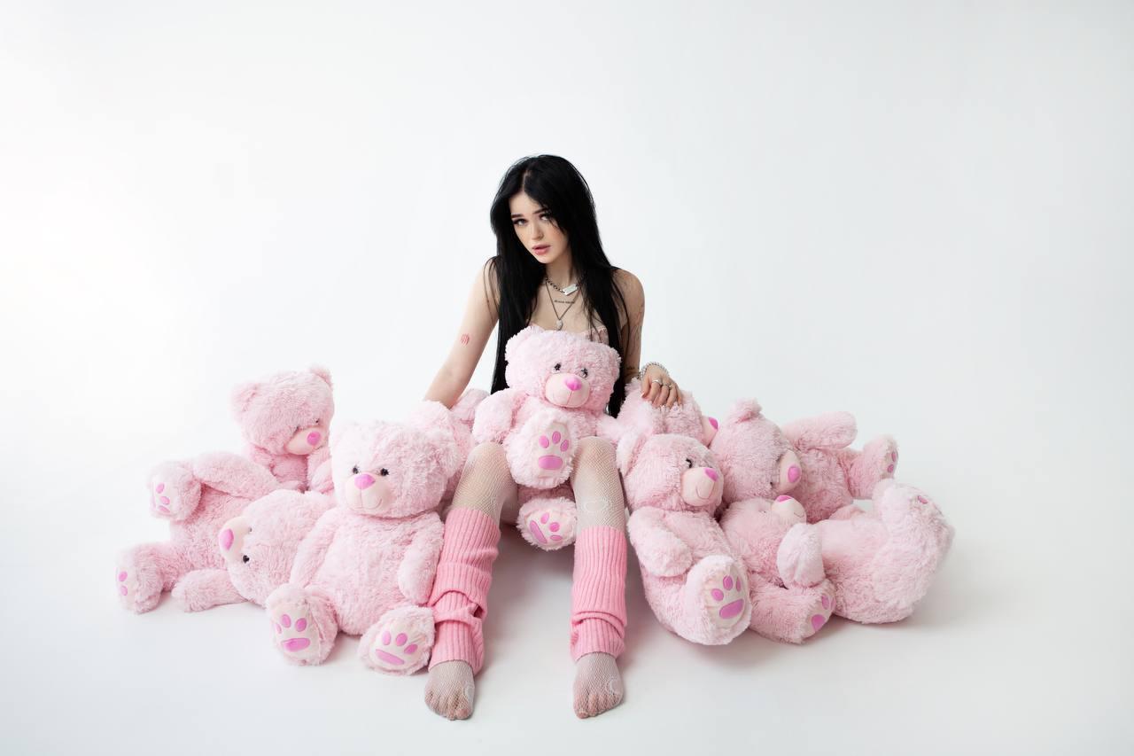 Снимок с кучей розовых плюшевых медведей. Снимок с кучей розовых плюшевых медведей.