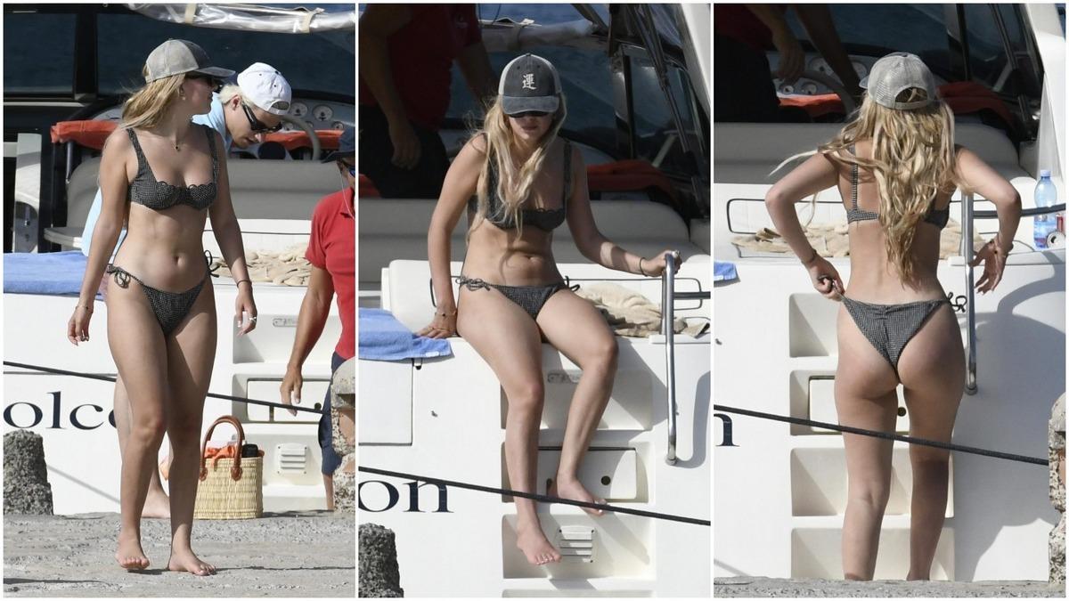 Коллаж фотографии Millie Bobby Brown на яхте в бикини. Коллаж фотографии Millie Bobby Brown на яхте в бикини.