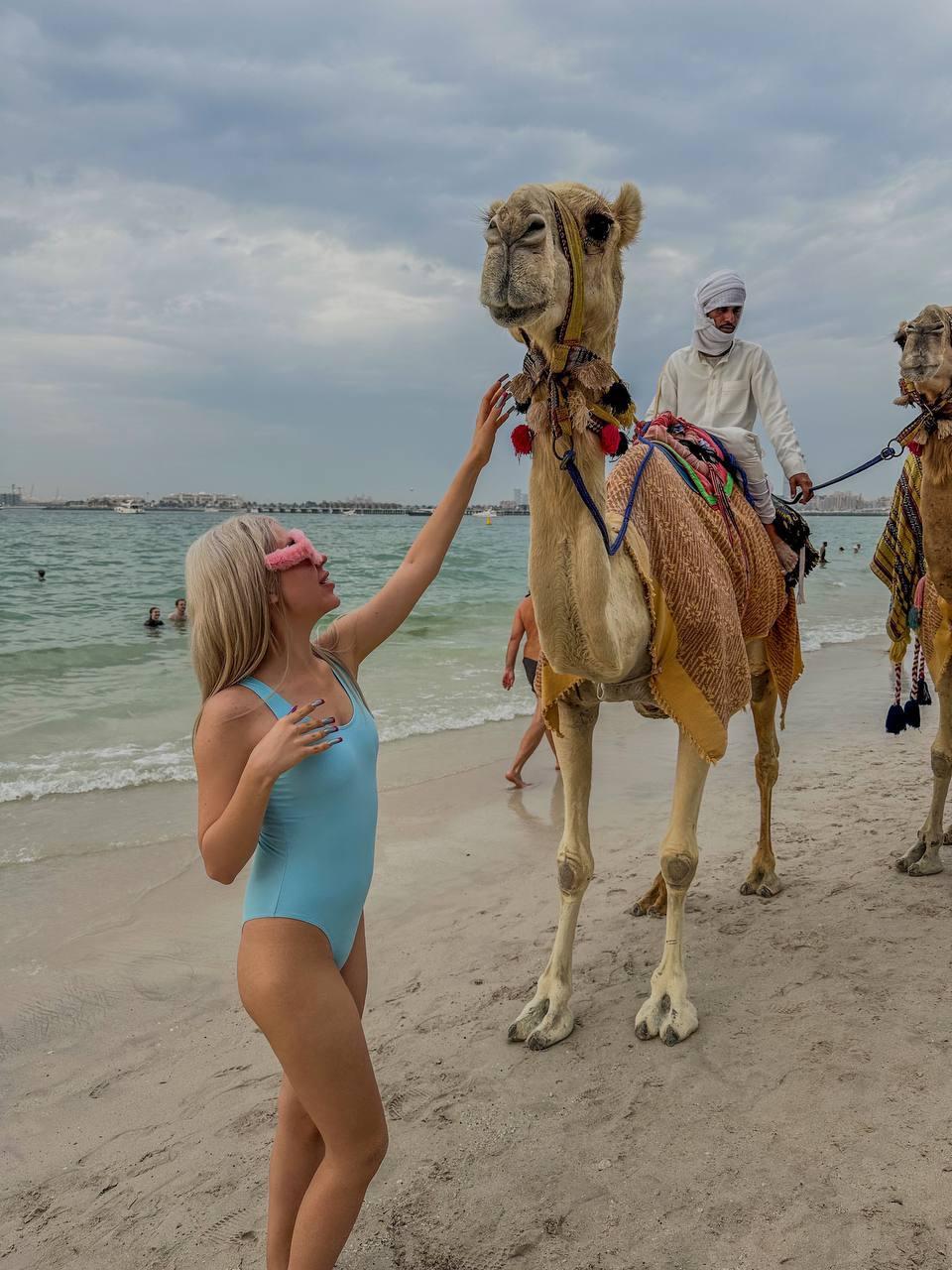 Красивый снимок на котором Кенели в сплошном купальнике, тянется к верблюду. Красивый снимок на котором Кенели в сплошном купальнике, тянется к верблюду.