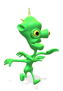 Смешная гифка с зелёным бегущим инопланетянином на белом фоне.