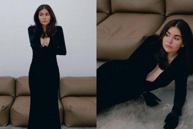 А на этом снимке наша героиня в шикарном чёрном вечернем платье с большим декольте. А на этом снимке наша героиня в шикарном чёрном вечернем платье с большим декольте.