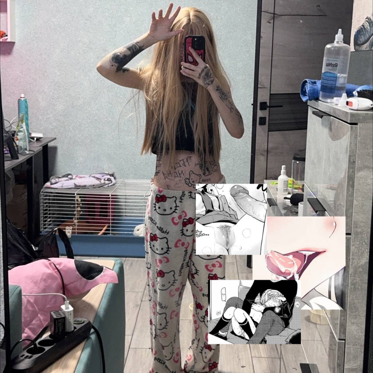 Домашнее слито в сеть селфи от ssspringvoid в штанах от пижамы в стиле хелло китти. Домашнее слито в сеть селфи от ssspringvoid в штанах от пижамы в стиле хелло китти.