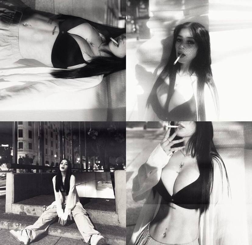 Подборка чёрно-белых фотографий с Katteyes в лифчике и с сигаретой.