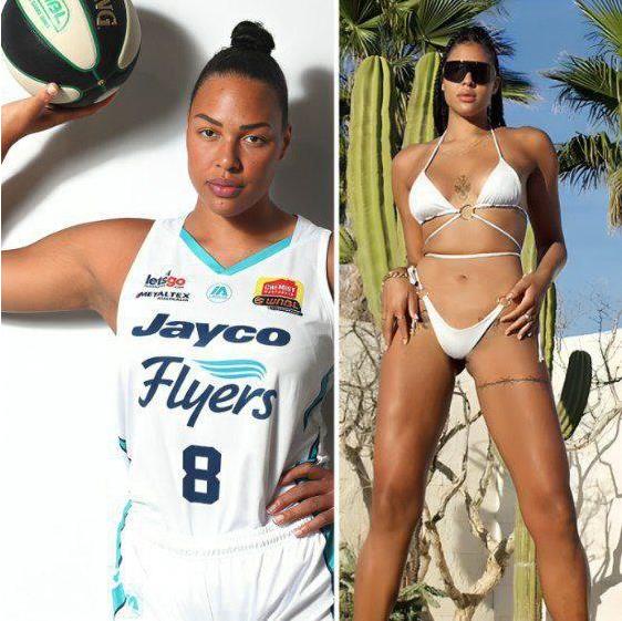 Коллаж фото Elizabeth "Liz" Cambage в баскетбольной форме и белом мини купальнике.