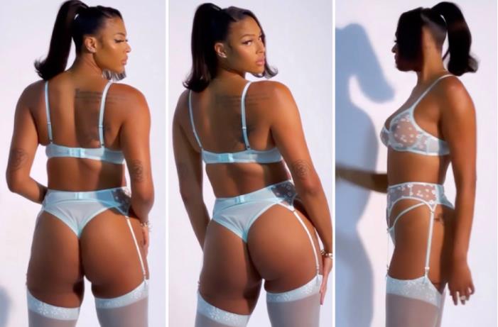 Коллаж снимков Лиз Кэмбидж в белом нижнем белье в разных ракурсах.