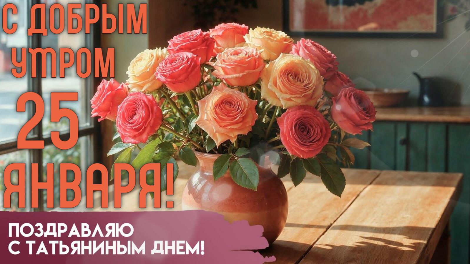 Открытка с букетом роз и надписью "С добрым утром 25 Января! Поздравляю с Татьяниным днём!". Открытка с букетом роз и надписью "С добрым утром 25 Января! Поздравляю с Татьяниным днём!".