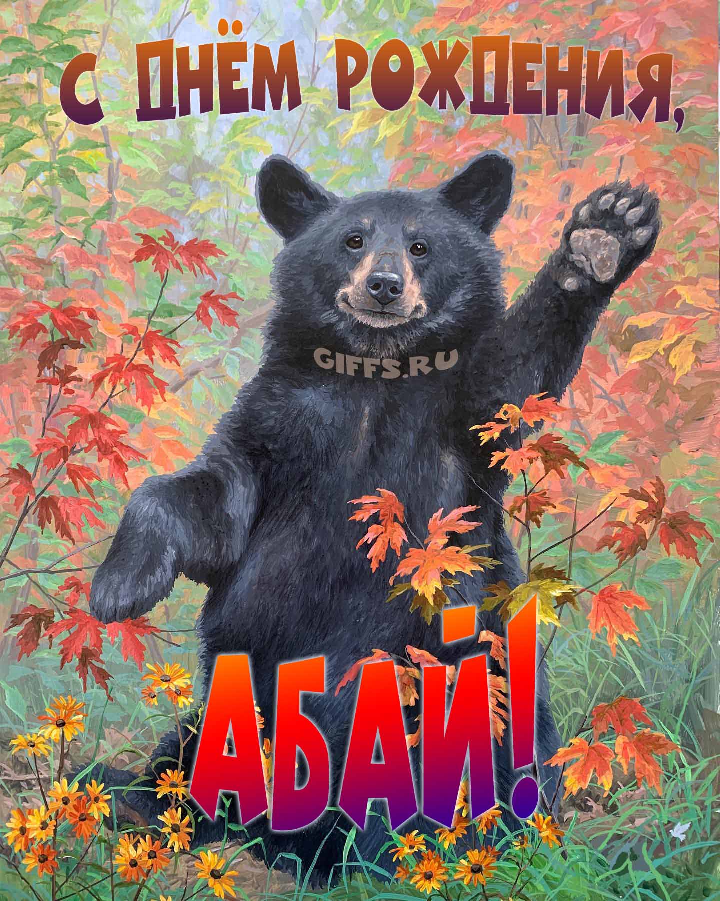 Смешная и прикольная осенняя картинка с машущим медведем "С днём рождения, Абай!".