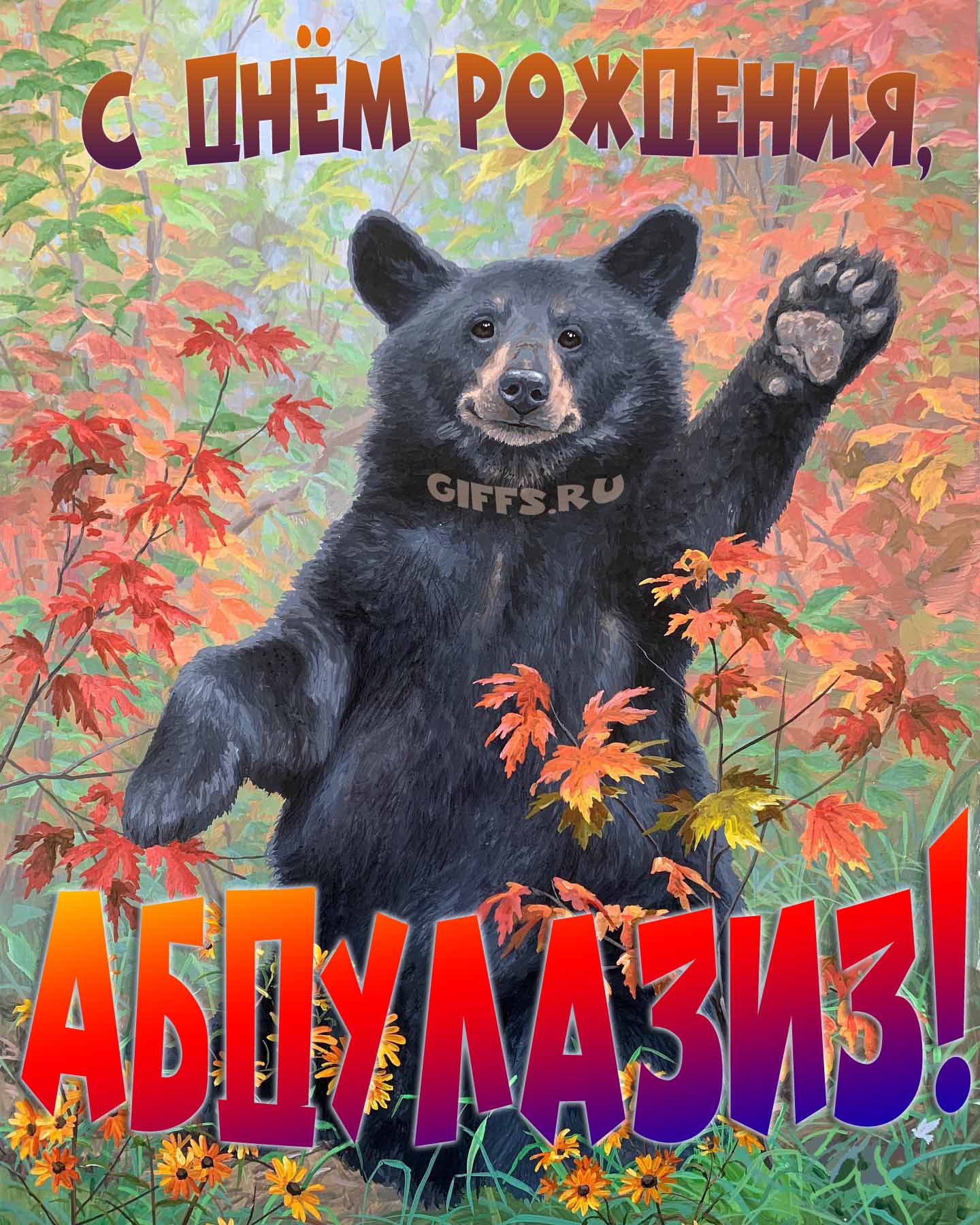 Смешная и прикольная осенняя картинка с машущим медведем "С днём рождения, Абдулазиз!".