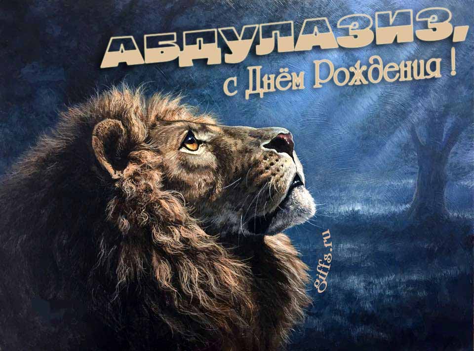 Крутая открытка со львом смотрящим на лунный свет и текстом "Абдулазиз, с днём рождения!".