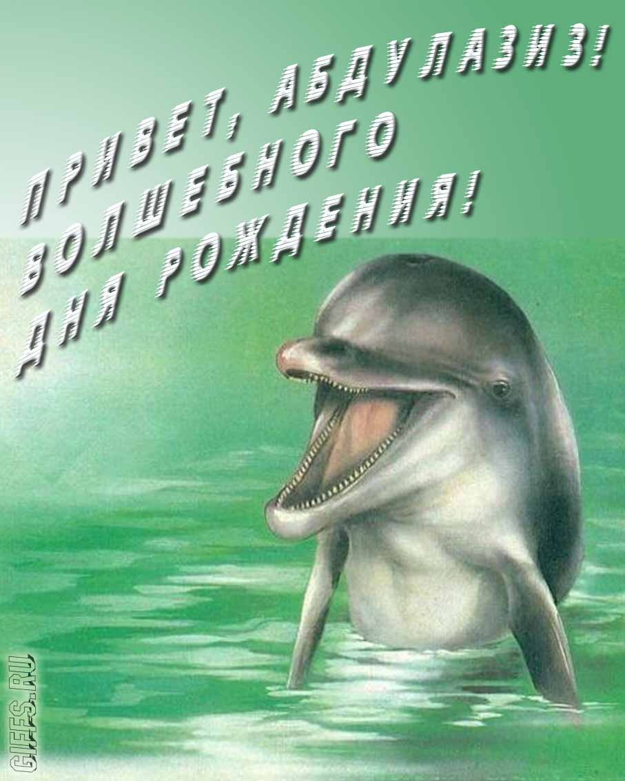 Прикольная картинка с дельфином "Привет, Абдулазиз! Волшебного дня рождения!".