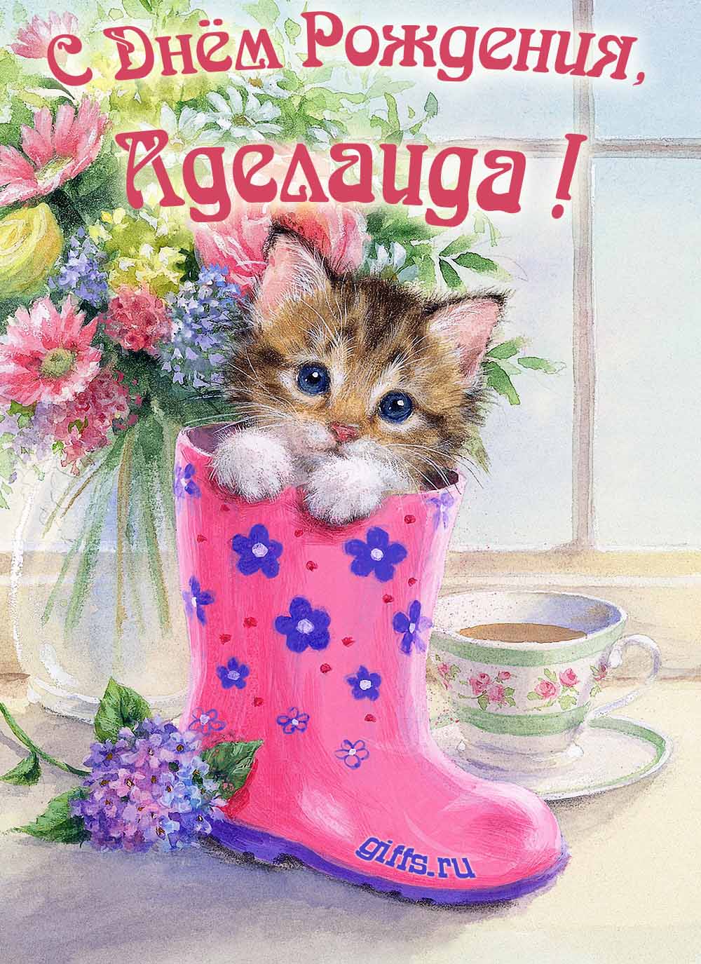Милая открытка с букетом цветов и котёнком для поздравления девушки с именем Аделаида в день её рождения. Милая открытка с букетом цветов и котёнком для поздравления девушки с именем Аделаида в день её рождения.