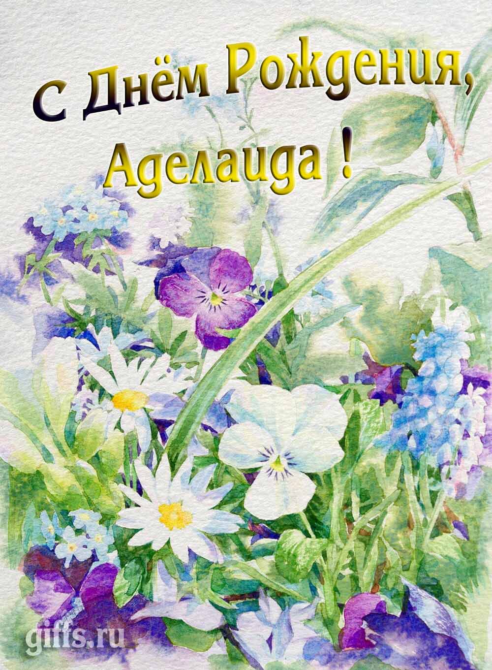 Красивая открытка с полевыми цветами для красотки Аделаиды в день рождения. Красивая открытка с полевыми цветами для красотки Аделаиды в день рождения.