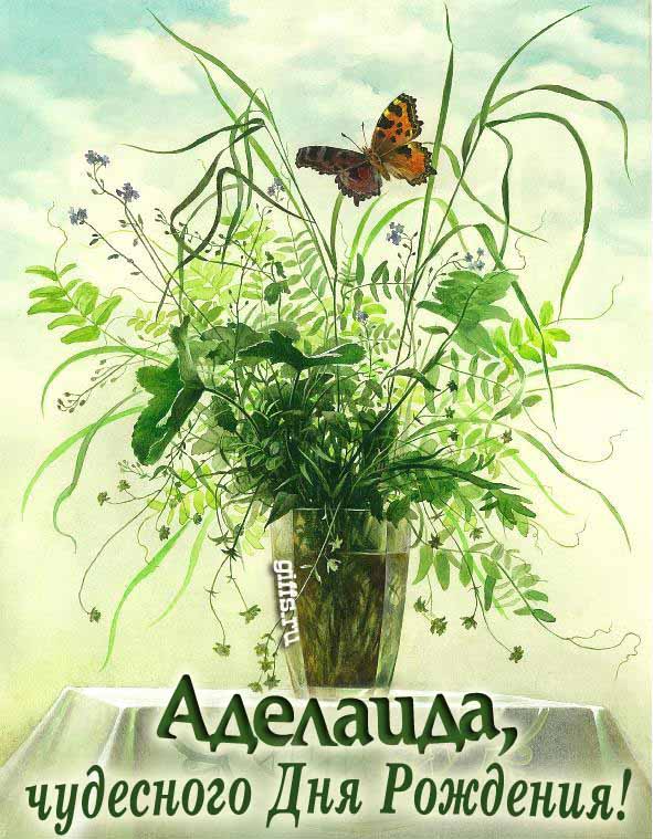 Необычная открытка с бабочкой на цветах и с текстом "Аделаида, чудесного дня рождения!". Необычная открытка с бабочкой на цветах и с текстом "Аделаида, чудесного дня рождения!".